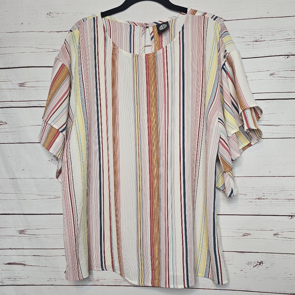 Bobeau Striped Ruffle Sleeve Top